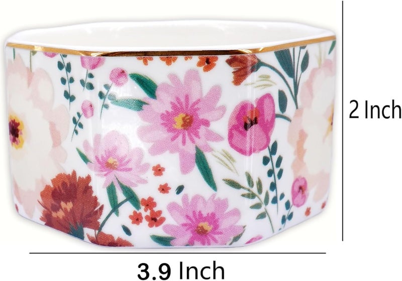 LEAZUL Ceramic Paper Clip Holder Gold Line Paper Clip Dispenser Organizer for Desk Cute Floral Pattern Office Binder Clip Holder Bobby Pin and Hair Clip Holder Gift for Office (White Pink) - Image 3